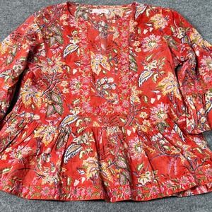 Mary Marshmallow Floral Peasant Blouse XL Bell Sleeve Peplum Artisian Boho Etnic